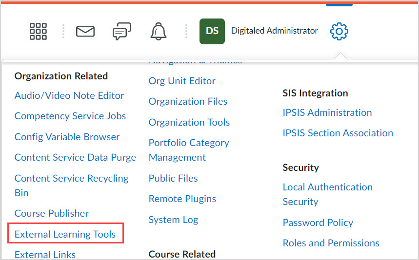 A dropdown menu is opened under the Settings cog. External Learning Tools is highlighted in the first column.